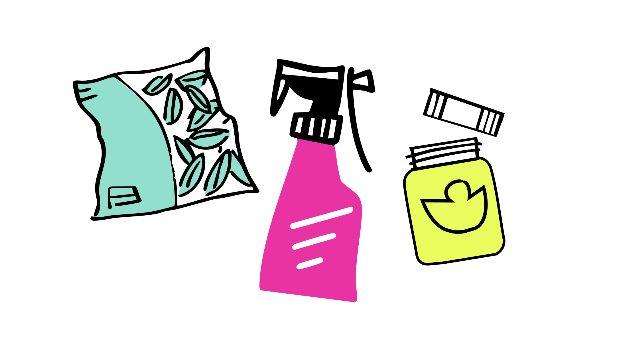 An illustration of a bag of salad, a spray bottle and a jar