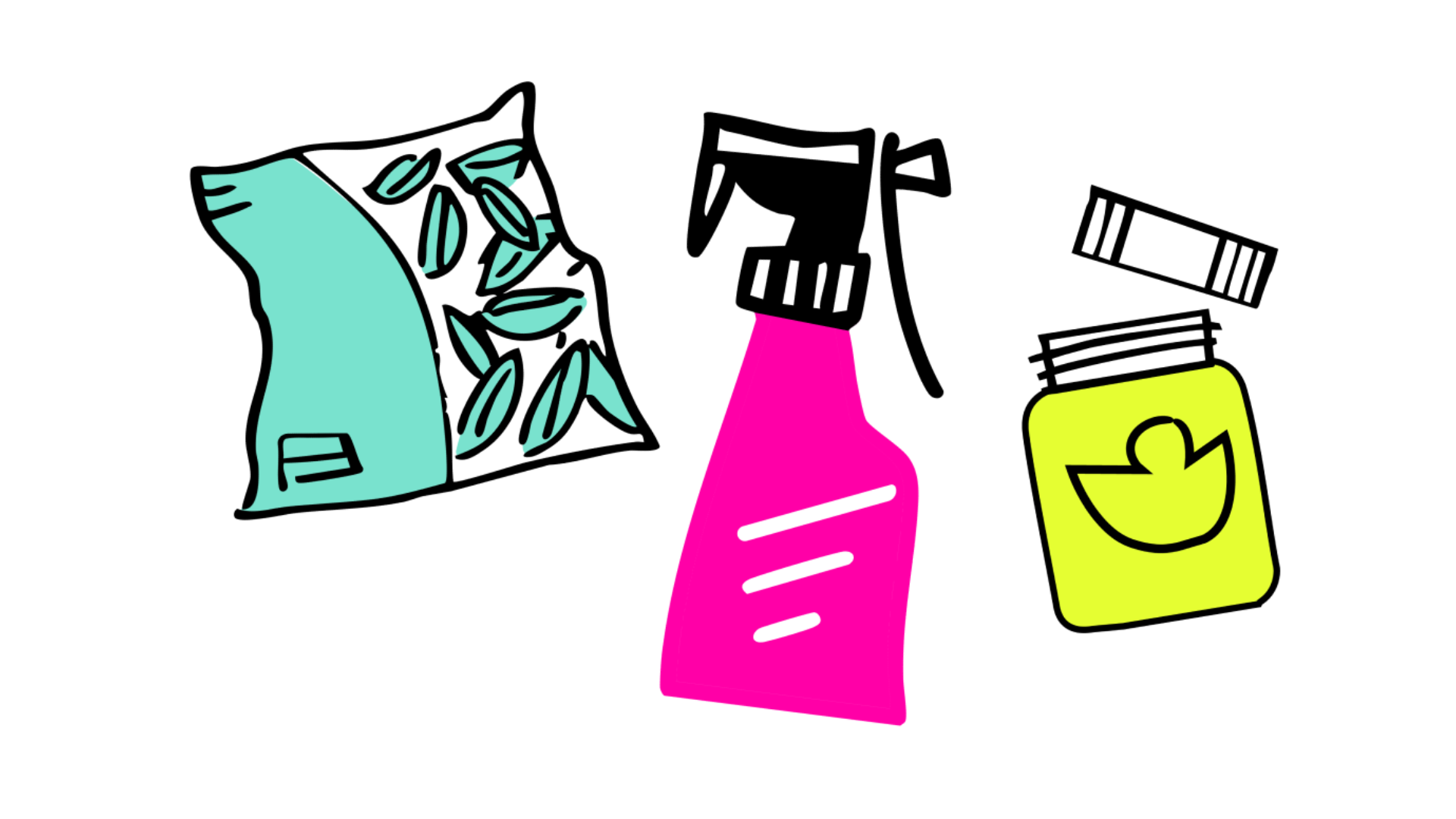 An illustration of a bag of salad, a spray bottle and a jar