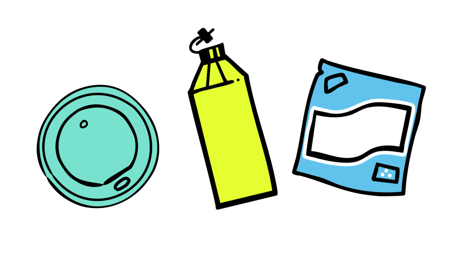 An illustration of a coffee cup lid, a washing-up bottle and a packet of crisps