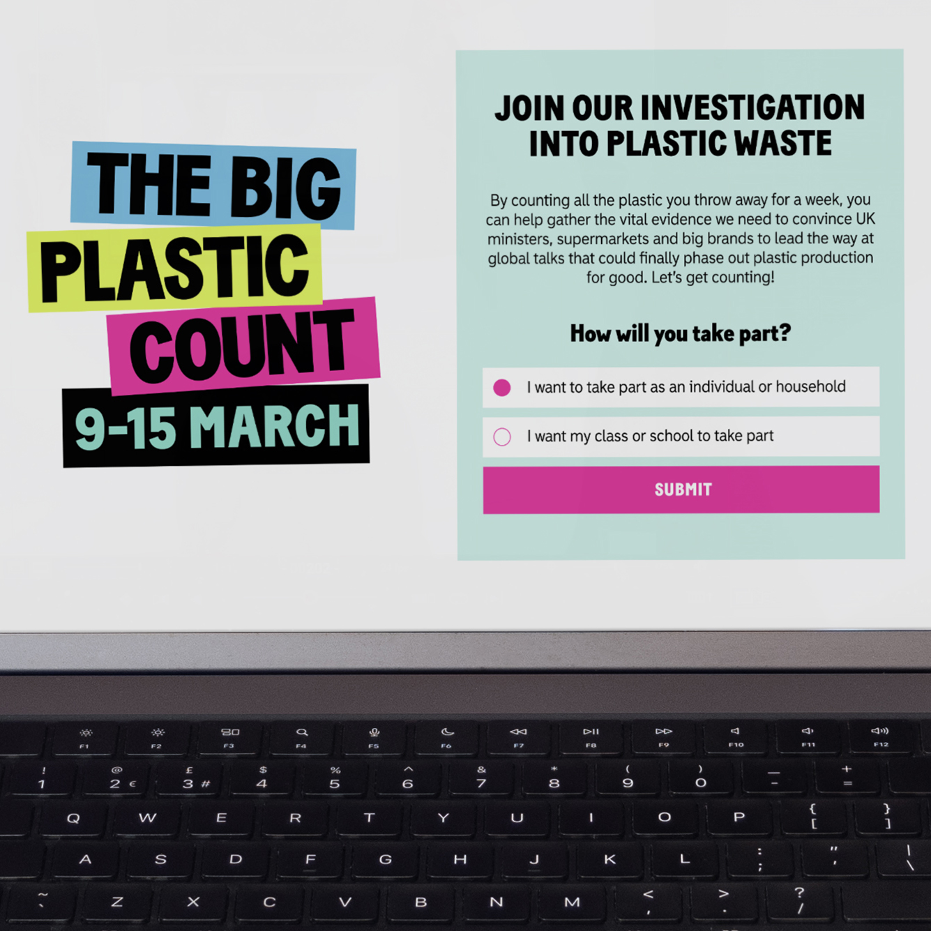 An image of the sign up page for The Big Plastic Count on a laptop
