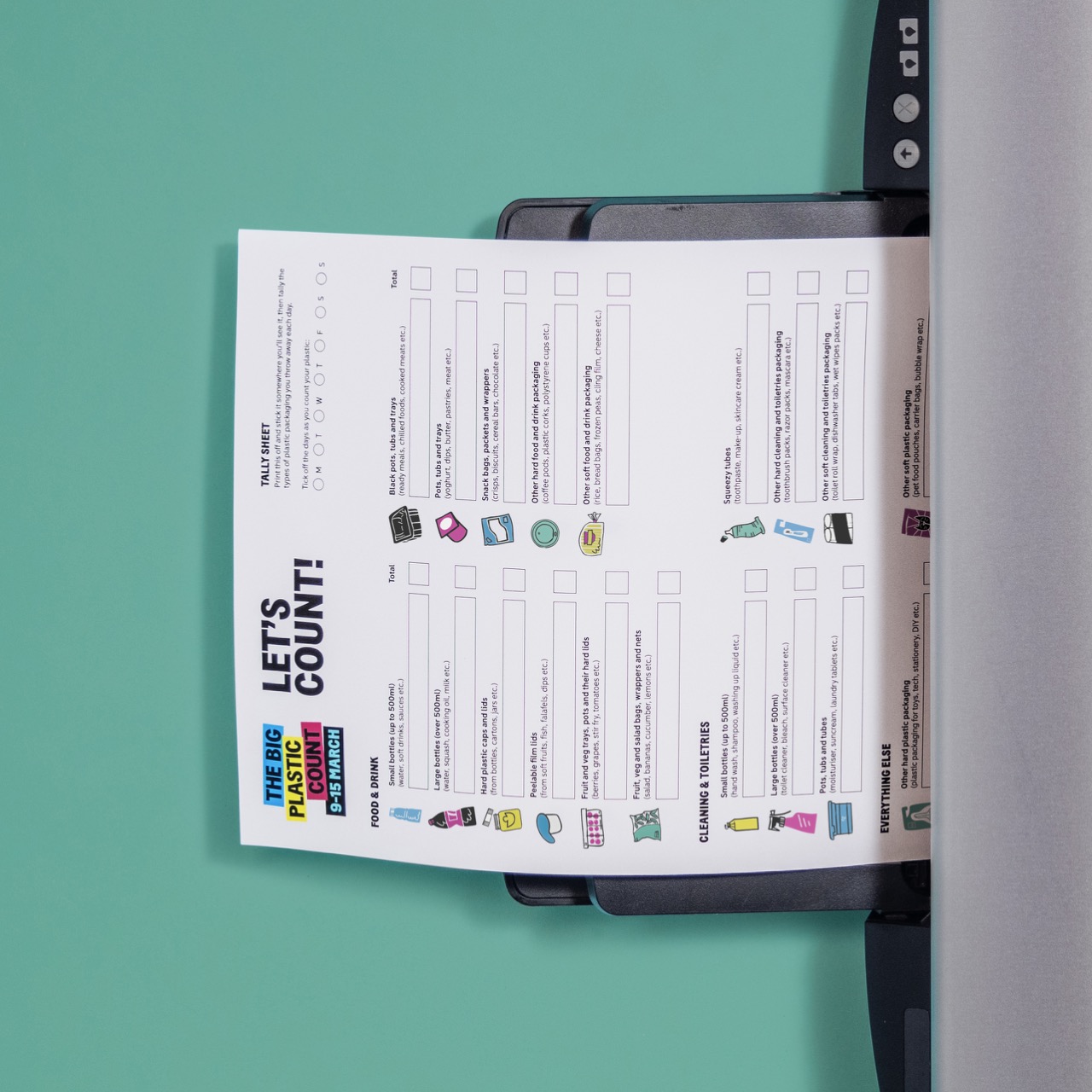 A count sheet sitting in the tray of a printer